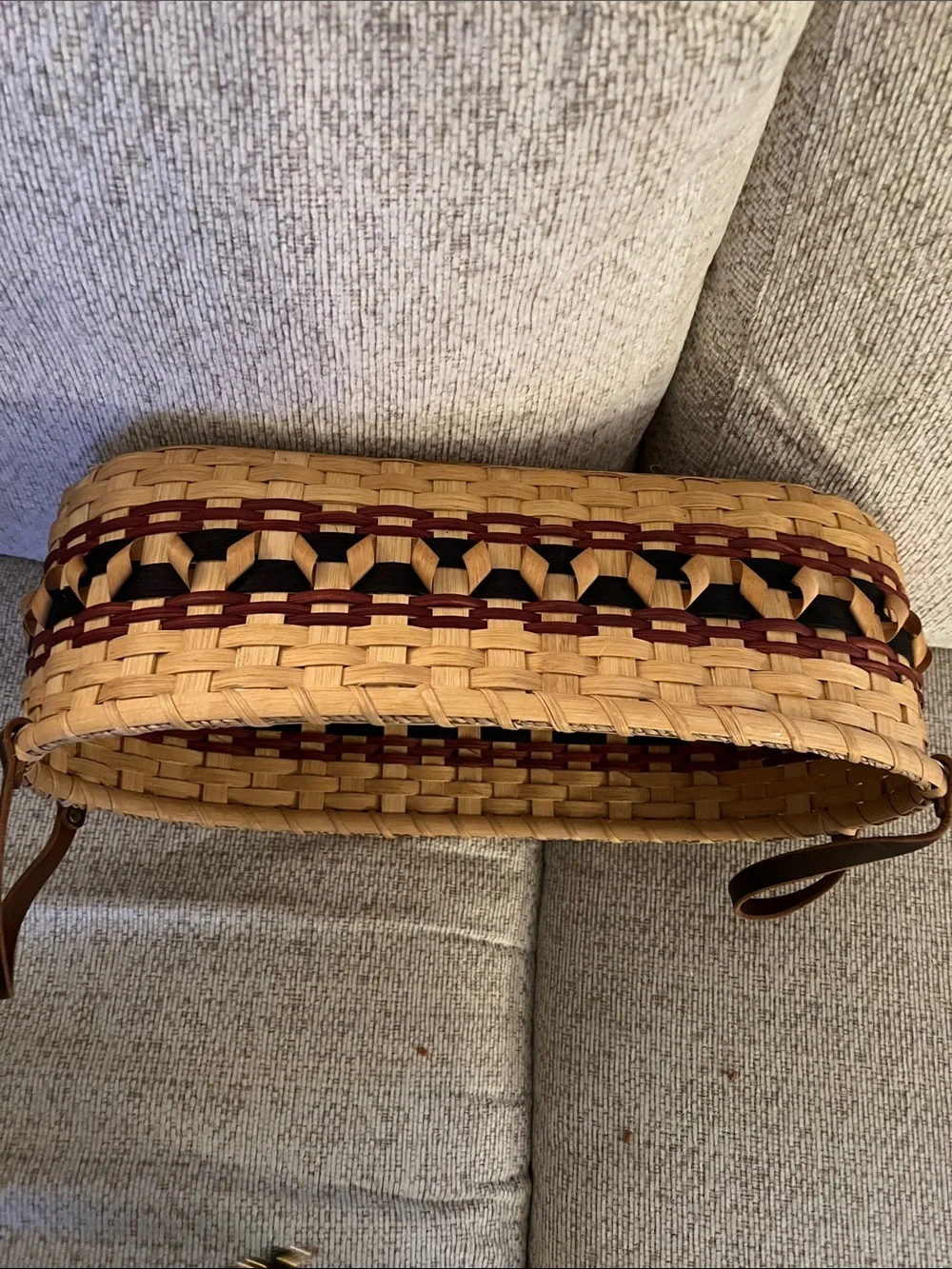 Handwoven Oval Basket with Leather Handles - Natural & Dark Brown
